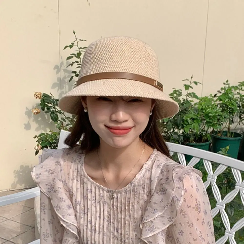 

Korean PU Leather Belt Women Sunscreen Hats Wide Brim Sun Protection Summer Bucket Hats Sweet Simple Outdoor Straw Hats Girls