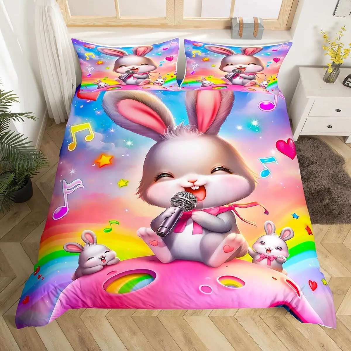 Cartoon Animal Duvet Cover Musical Note Artistic Comforter Cover Rainbow Starry Galaxy Sky Bedding Set Jungle Wildlife Bed Cover