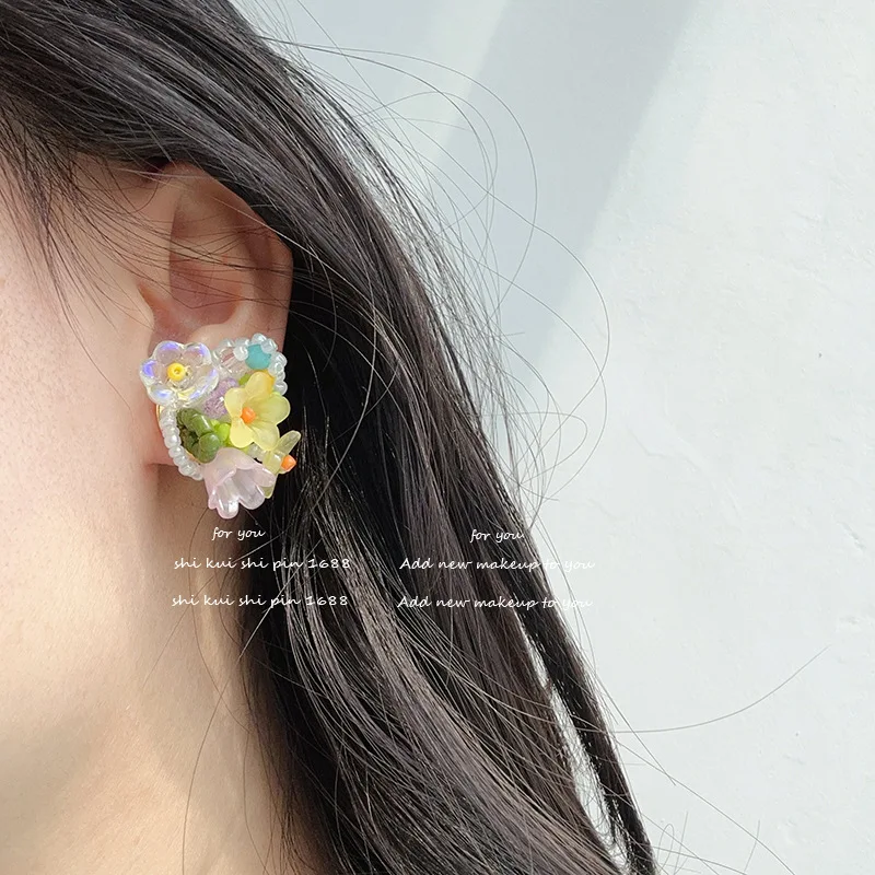 April spring small flower bushes beaded colored flower stud earrings female design sense niche blue bell silver needle earrings