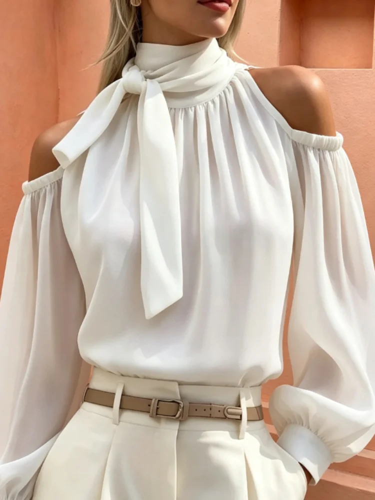 Women Elegant Spring Autumn Halter Cold‑shoulder Blouse Bow Tie Stand Collar Lantern Long Sleeve Solid Loose Office Casual Tops