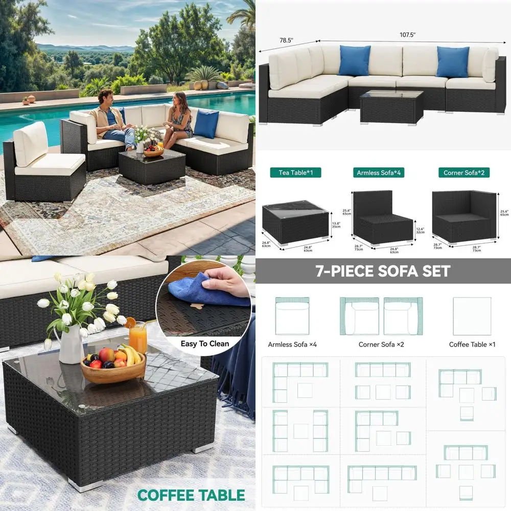 

Комплект садовой мебели из 7 предметов: секционный диван из искусственного ротанга PE с подушками, столом и подушками для сидения, для патио, террасы или сада.