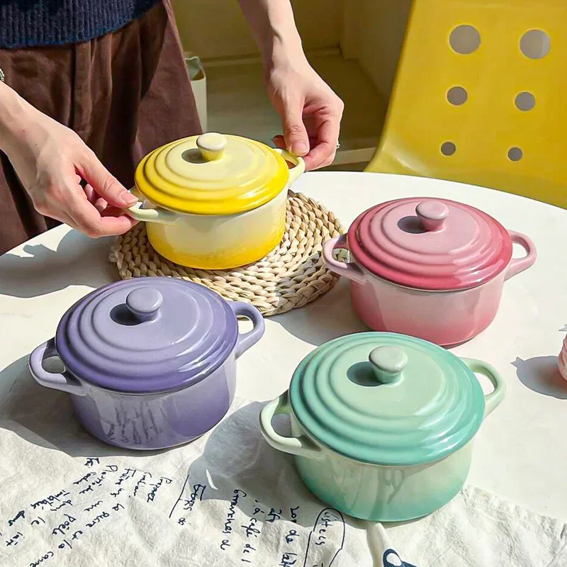 LingAo-Ins-style Gradient Color Ceramic Double-Ear Covered Stew Pot, Steamed Egg Bowl, Microwave Oven Bowl