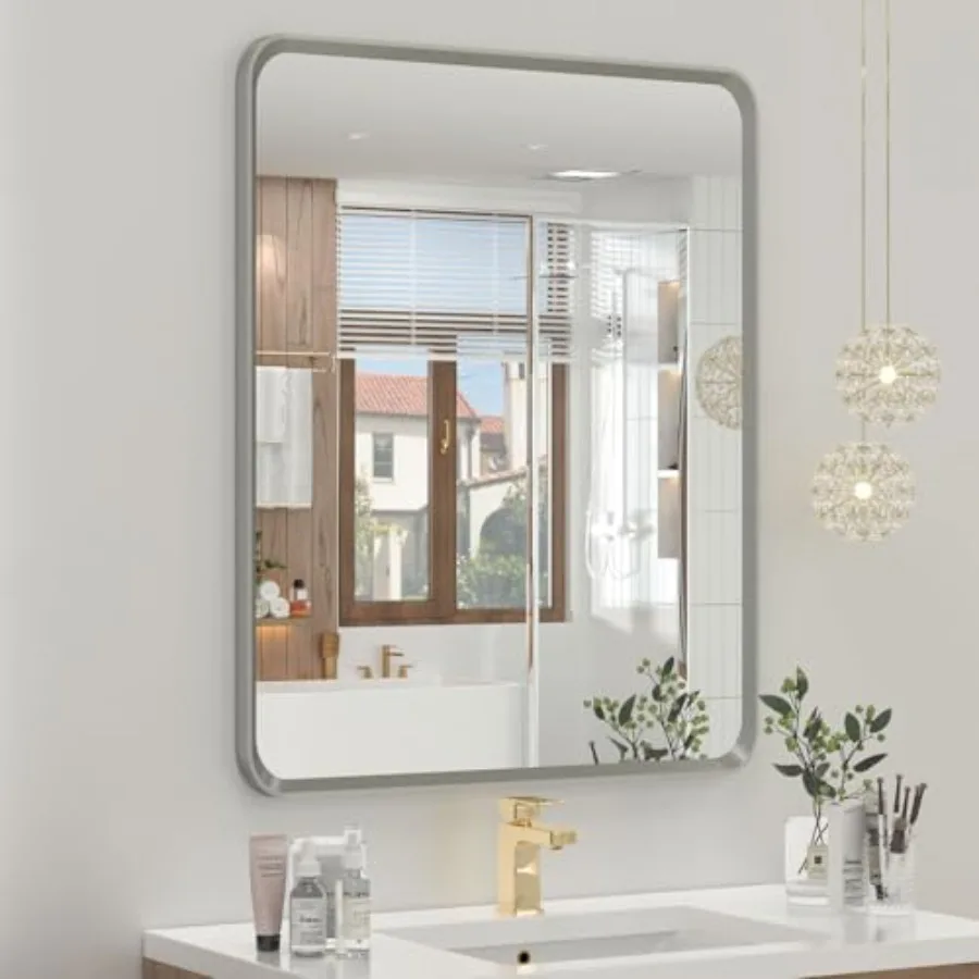 

20 x 24 Inch Brushed Nickel Bathroom Mirrors, Rounded Rectangle Silver Bathroom Vanity Mirror, Beveled Framed Mirror for Wall,