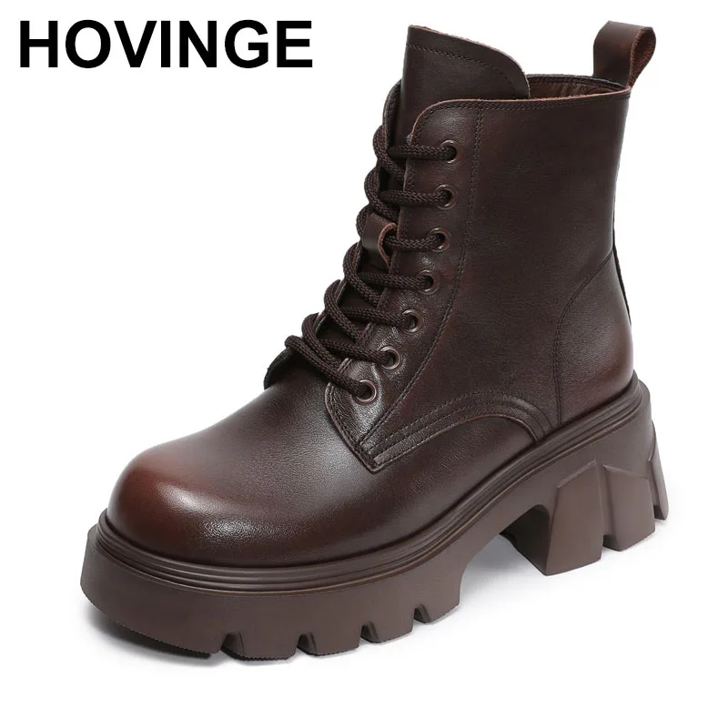 

Handmade Retro Thick Sole Short Boots Women Autumn Winter Warm Chunky Platform Genuine Leather Thick Heel Ankle Boots