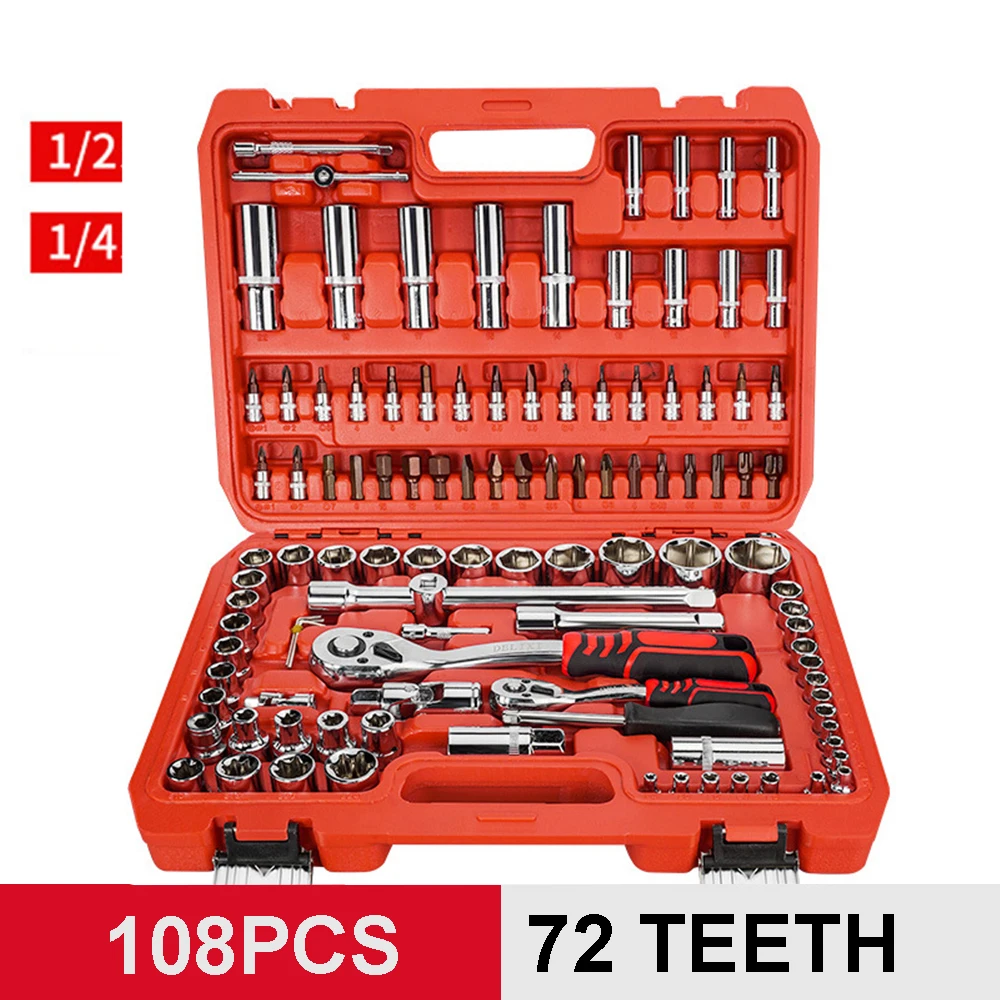 108PCS Professional Socket Ratchet Spanner Screwdriver Socket Set Car Repair Tool Metalworking Toolbox Tool Kit