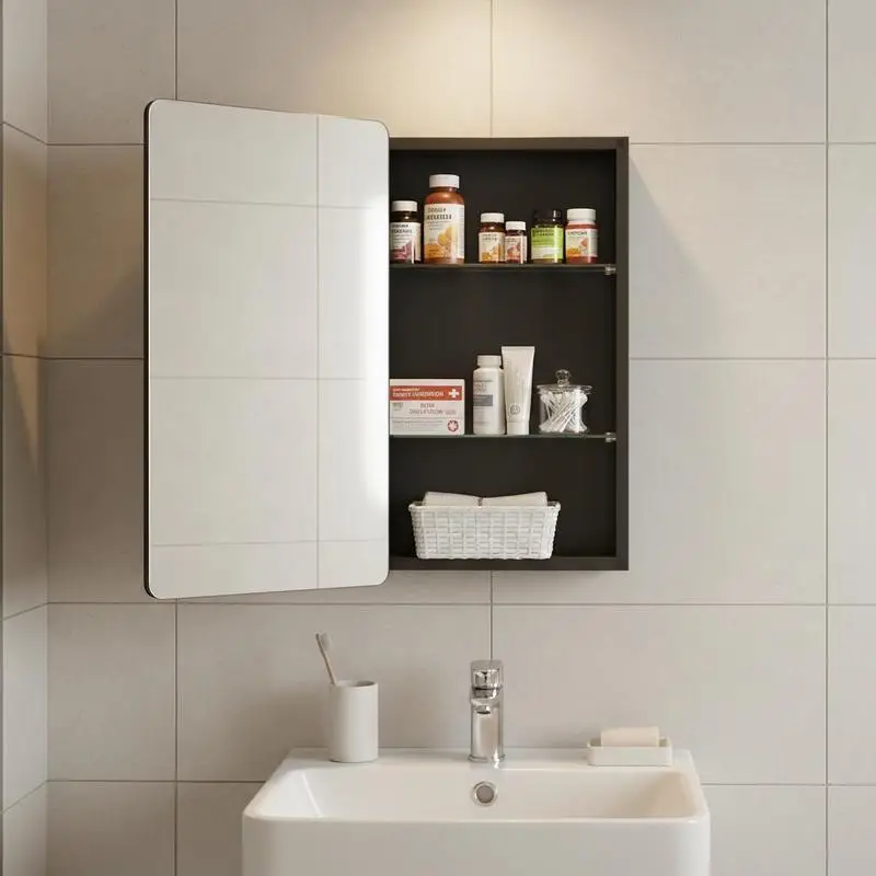 Mirrored medicine cabinet (662 x 135 x 762 mm) for bathrooms with mirrored door and adjustable glass shelves, built-in and wall mounting, aluminum frame, bathroom cabinet view 5