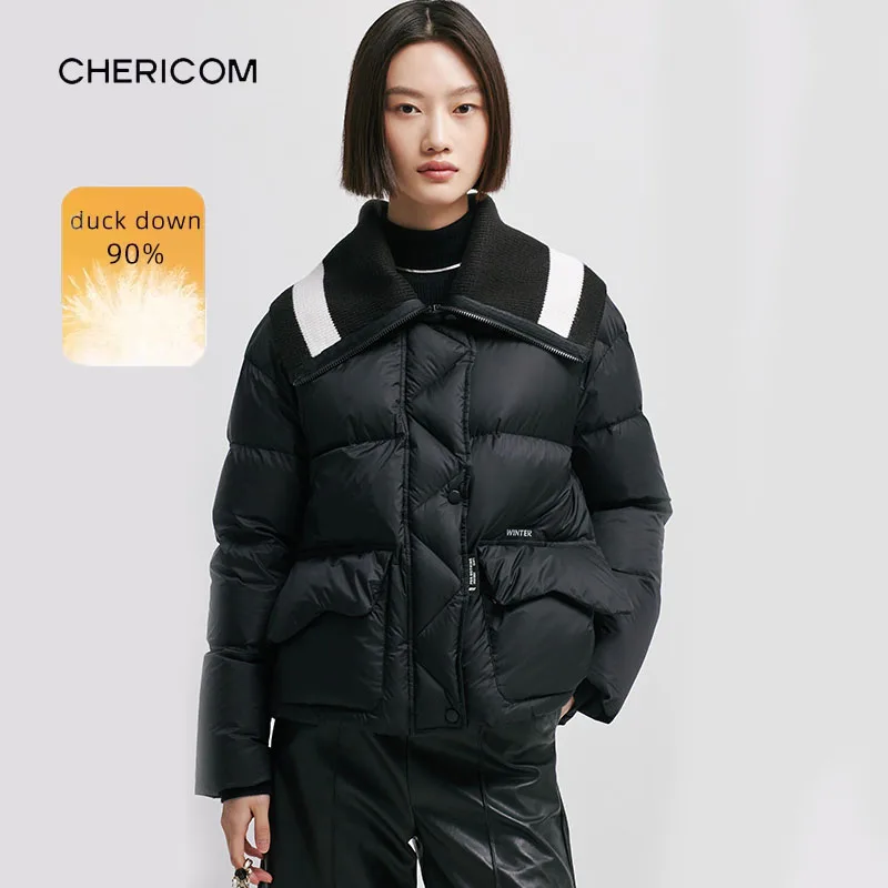 

Женская короткая куртка-пуховик Chericom, 90% утиный пух, контрастное повседневное пальто-пуховик, легкая стеганая куртка Y298101Y