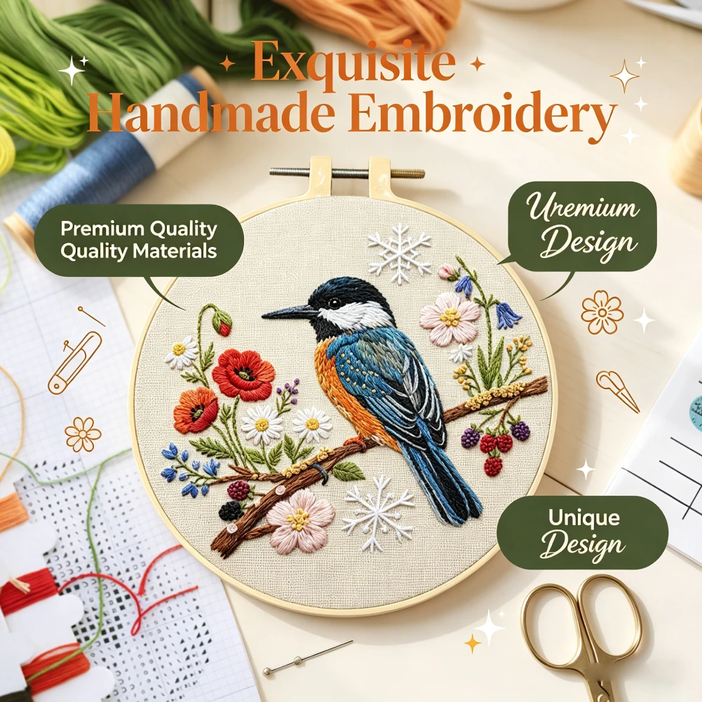 

30x30cm Bird Flower Embroidery Kit DIY Printed Cotton with Bamboo-like Hoop for Home Decor & Craft Lover Gift