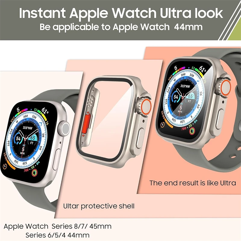 Cristal y funda para Apple Watch, Protector de pantalla de 44mm, 45mm, 41mm, 40mm, 42mm y 38mm, cubierta de cambio Ultra parachoques para iWatch