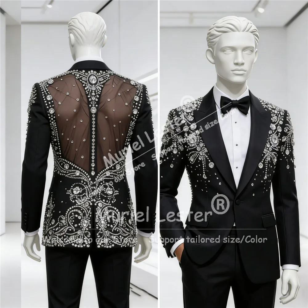 Luxury Rhinestones Beaded Suits Men Exclusive Design Illusion Tulle Jacket Pants 2 Piece Set Groom Wedding Tuxedos Customized