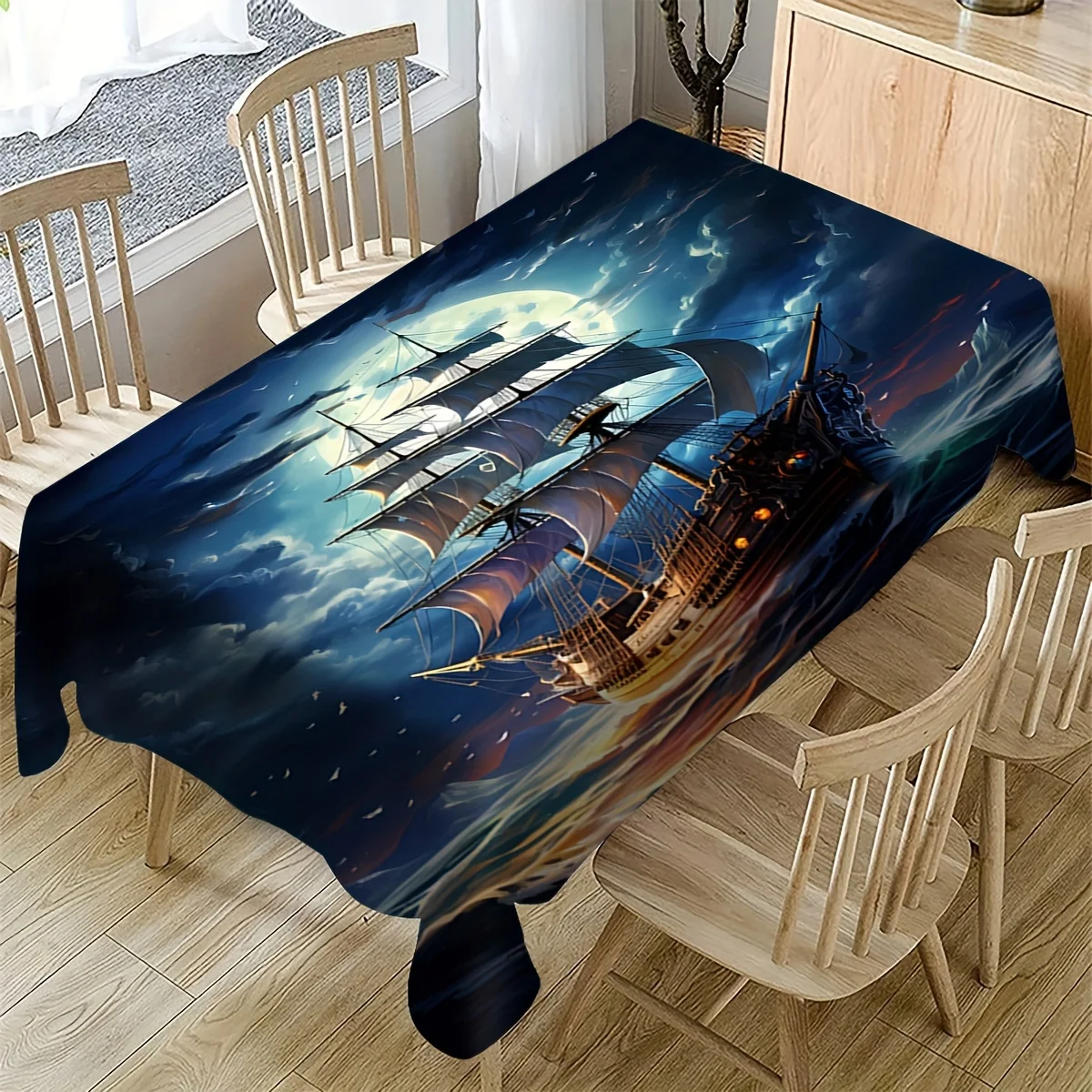 VIKAMA Moonlight Sailing Waterproof Tablecloth Fantasy Sailboat Night Cruise Pattern Restaurant Study Nordic Ins Style Decor