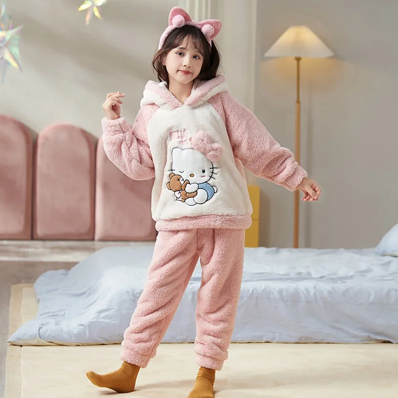

Новинка Kawaii Sanrio Hellokitty Kuromi Mymelody Cinnamoroll Пижама домашняя одежда костюм утолщенный коралловый бархат для зимы детский подарок