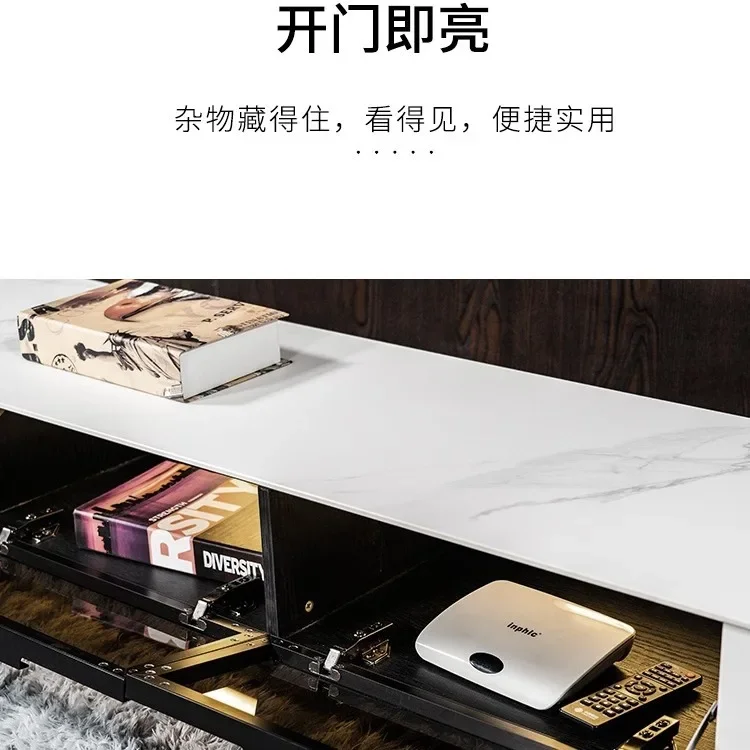 Italian white rock slab solid wood TV cabinet coffee table combination glass living room film and television black TV counter