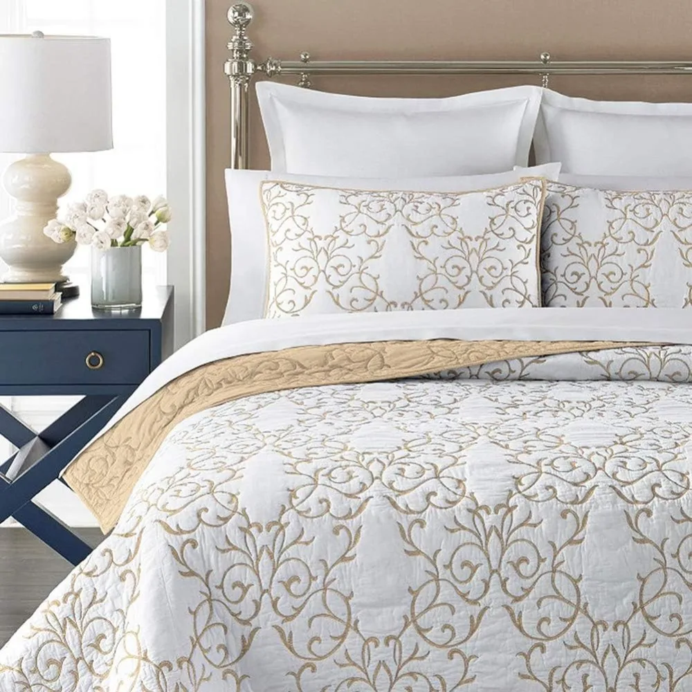 

King Size Reversible Cotton Quilt Set in Beige with Elegant Embroidery Pattern and Decorative Pillows