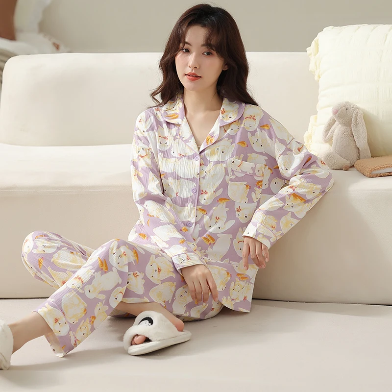 Animal Women Cotton Pajamas Set Single Breasted Long Sleeve Button-Down Sleepwear Loungewear Cute Cartoon Pyjamas Female XXXXL