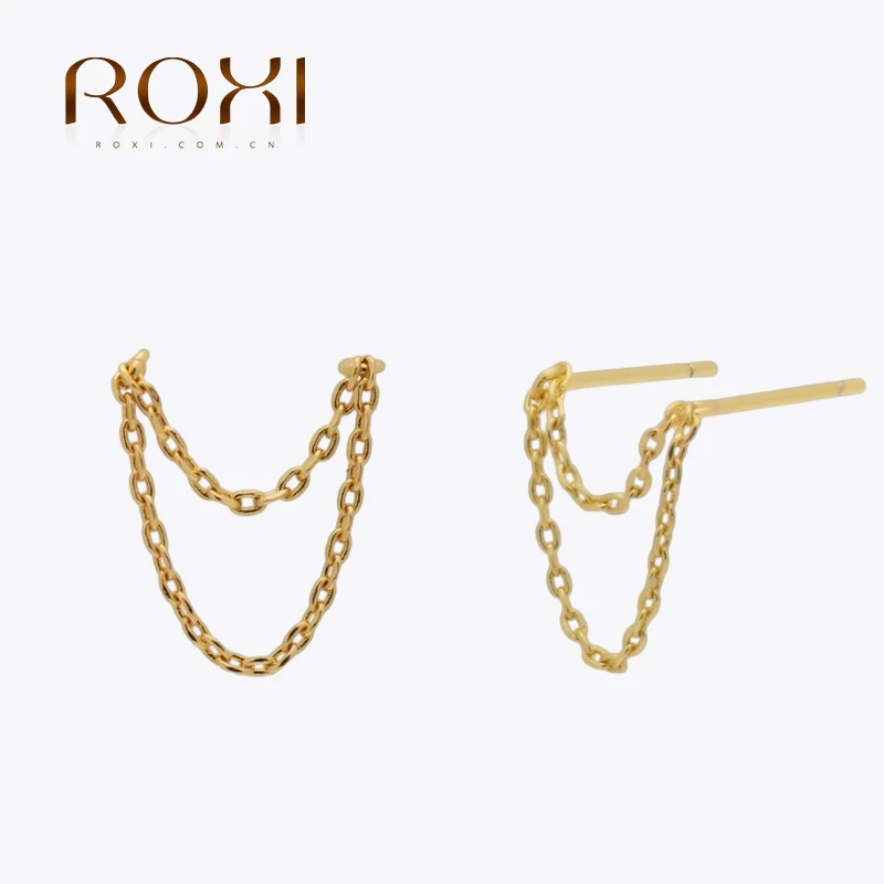 ROXI S925 Sterling Silver Earring Irregular Double Layer Chain Tassel Ear Stud Earrings For Women Men Punk Simple Daily Jewelry
