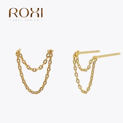 ROXI S925 Sterling Silver Earring Irregular Double Layer Chain Tassel Ear Stud Earrings For Women Men Punk Simple Daily Jewelry