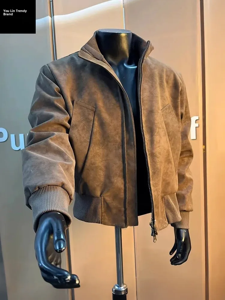 

Мужская кожаная куртка-бомбер с воротником-стойкой, осенне-зимняя, ветрозащитная, из хлопка