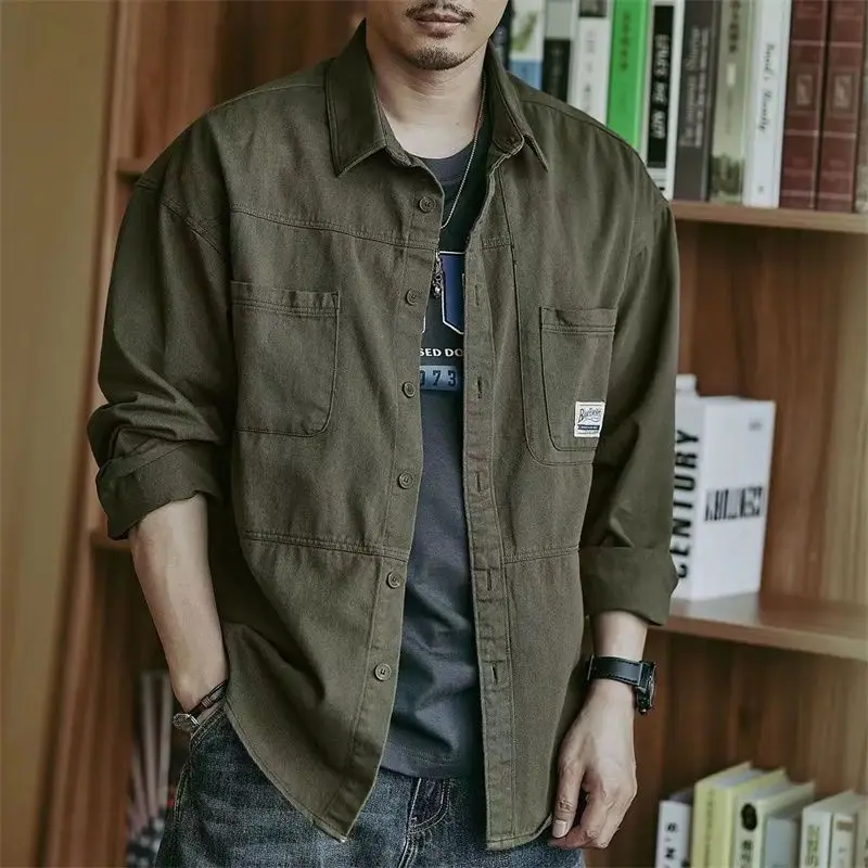 Spring Autumn New Fashion Turn-down Collar Long Sleeve Solid Blouse Men's Clothing Pockets Button American Style Trend Shirts