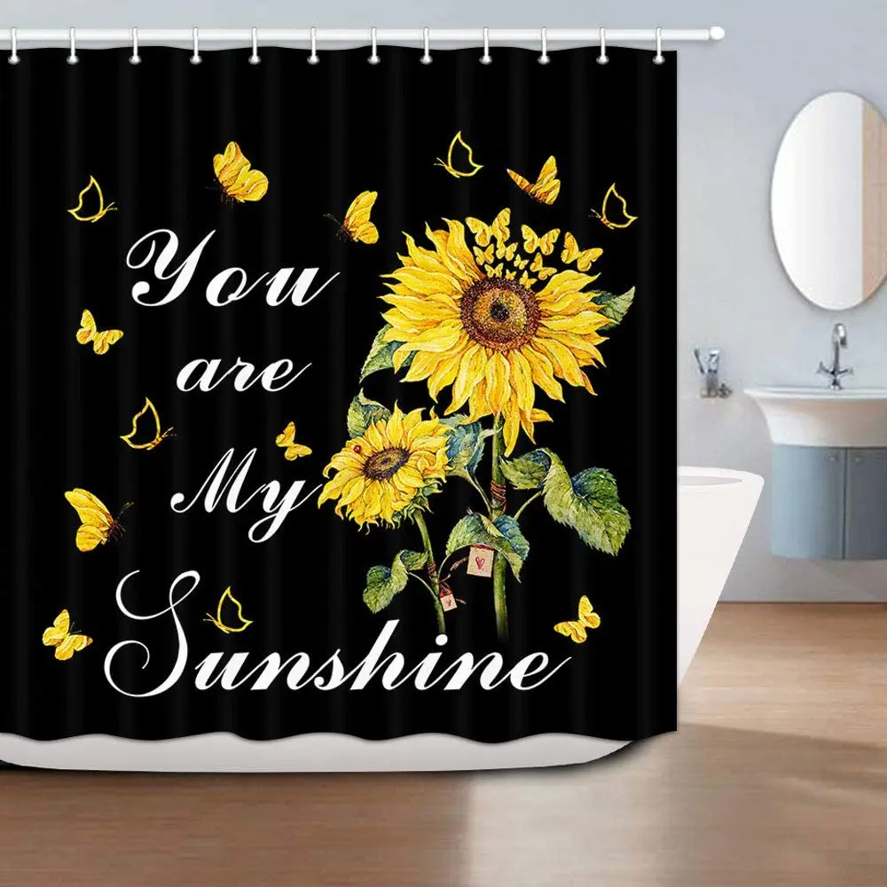 Sunflower Butterfly Shower Curtain You are My Sunshine Inspirational Quotes Fabric with Hooks Yellow Black Bath Curtains