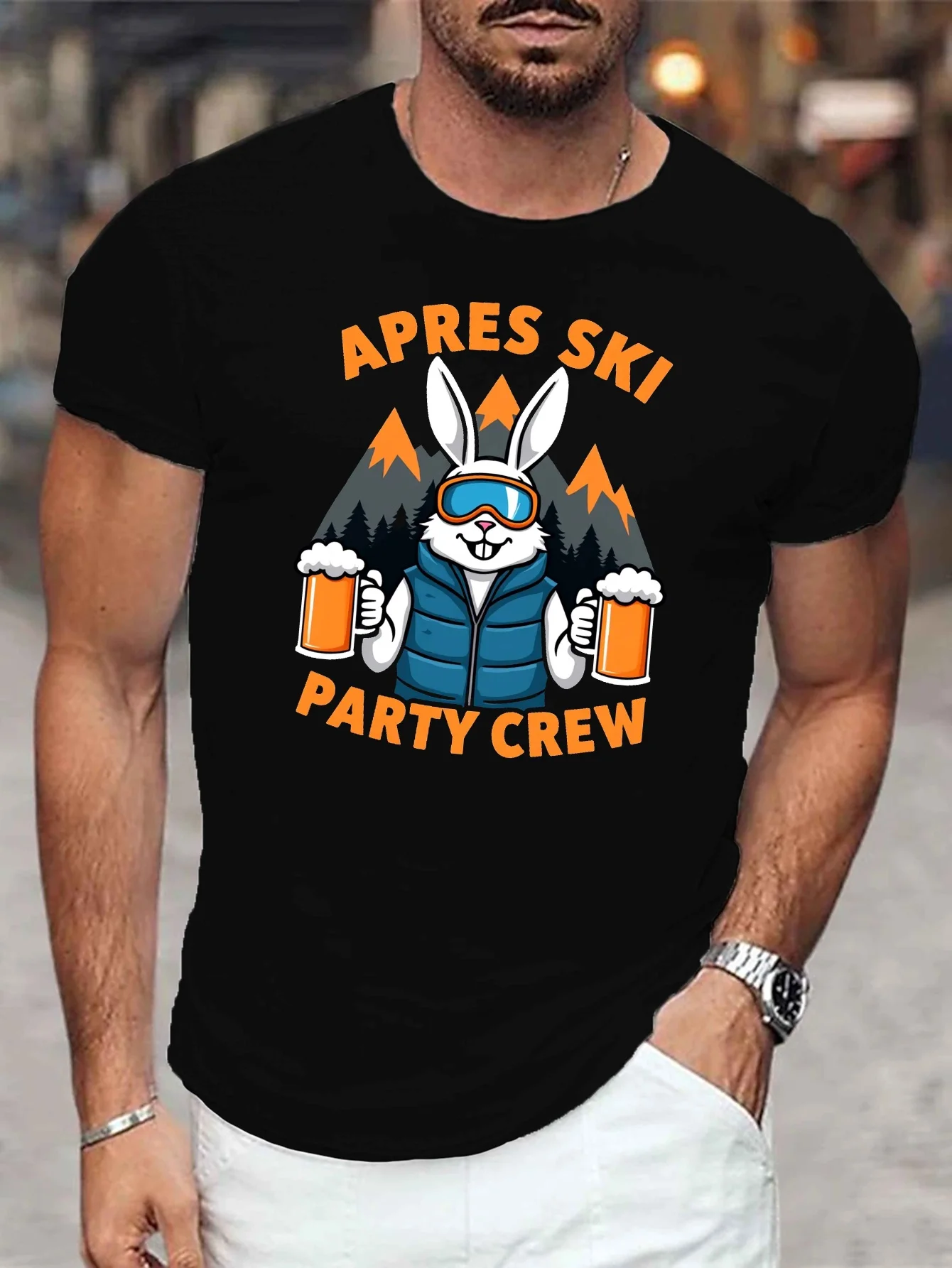 Men's Apres Ski Party Crew Printed T-Shirt - Casual Short-Sleeved Crew Neck Summer T-Shirt with Ski Party and Mountain Print, Machine Washable Casual Wear, Suitable for Outdoor Activities and Ski Resort Parties, Non-Shirt Style (in Stock)