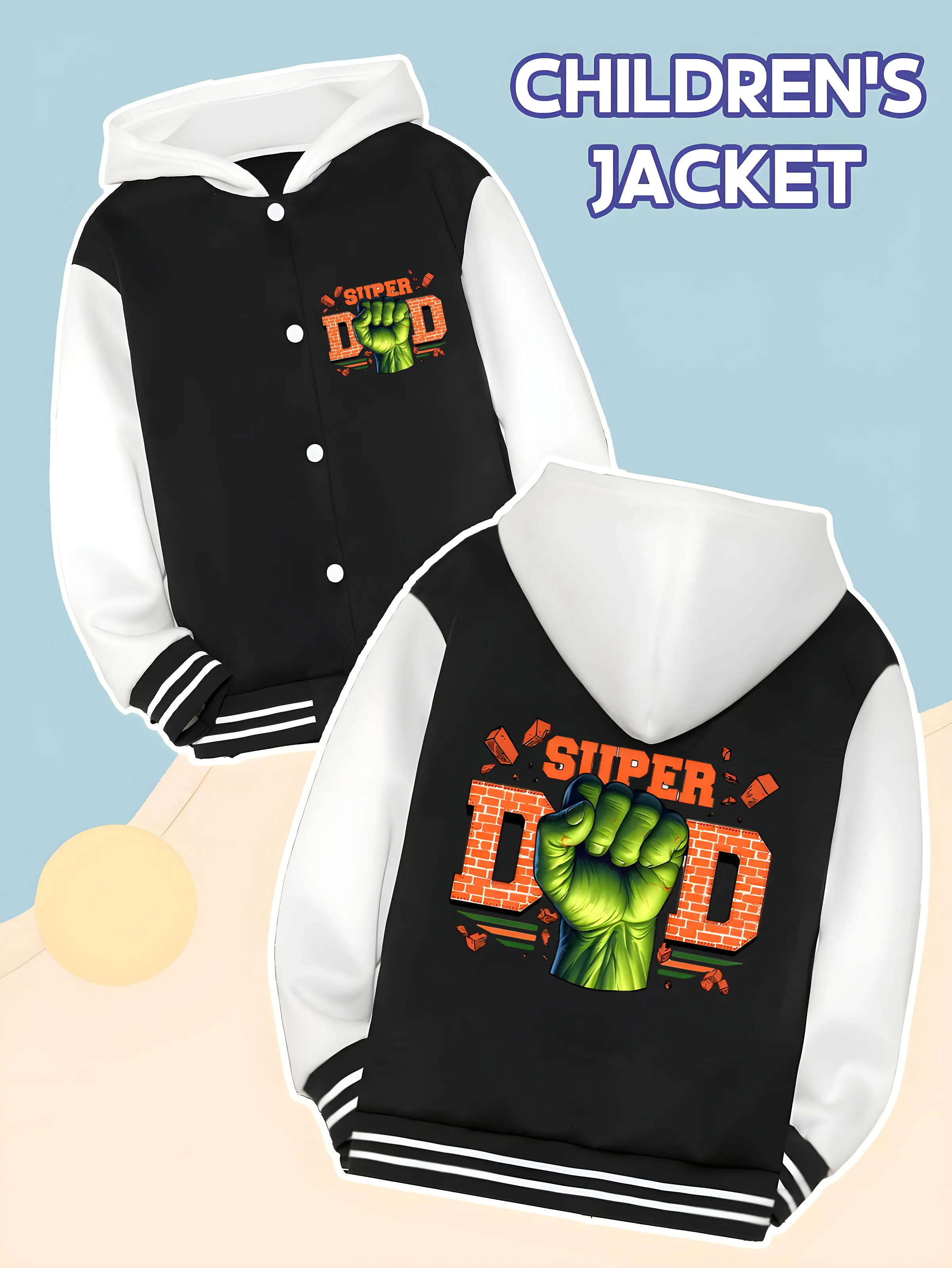سترة بيسبول MINISO Marvel Hulk Super Dad Boys - طباعة قبضة Hulk "SUPER DAD"، على الوجهين لإظهار القوة والمتعة، عصرية د