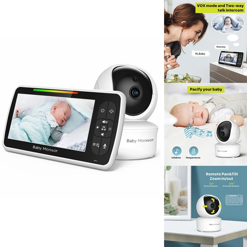 5 Inch HD Baby Monitor, Video Baby Monitor, Remote Pan Tilt Zoom Wide Viewing Angle, Baby Camera Security Camera