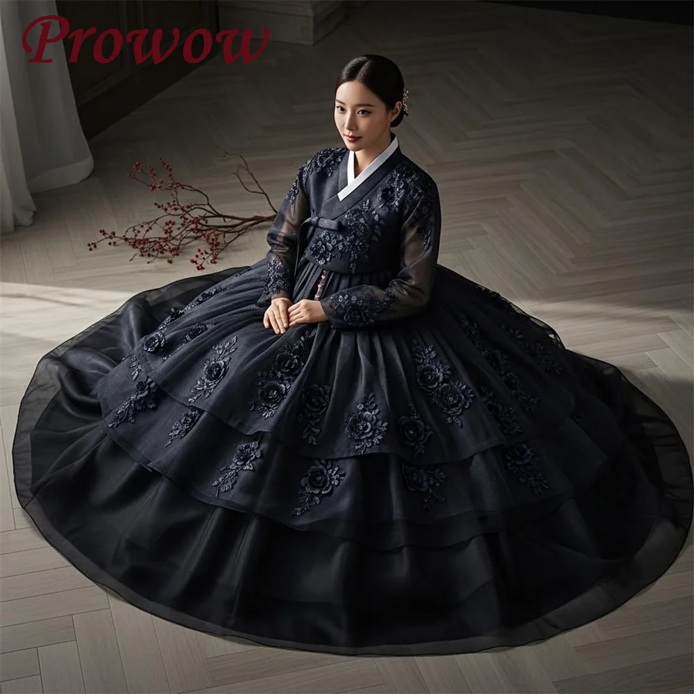 

Prowow Vintage Black Korea Wedding Dresses Set Pleats Organza Appliques Bridal Gowns Customized A Line Floor Length