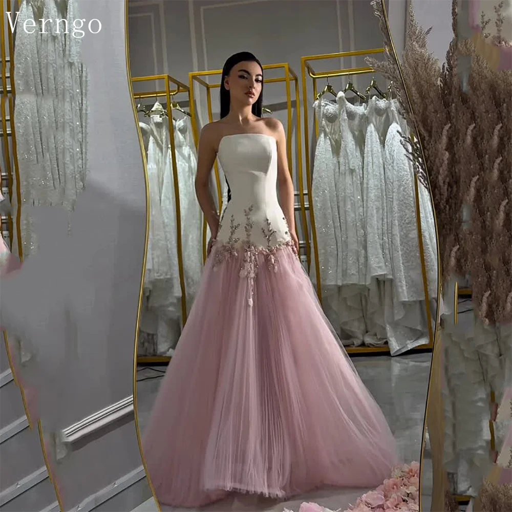

Verngo Pink Tulle AppliquesElegant Evening Dress Straples A Line Contrast Color Prom Dresses Graceful Party Dress Customized