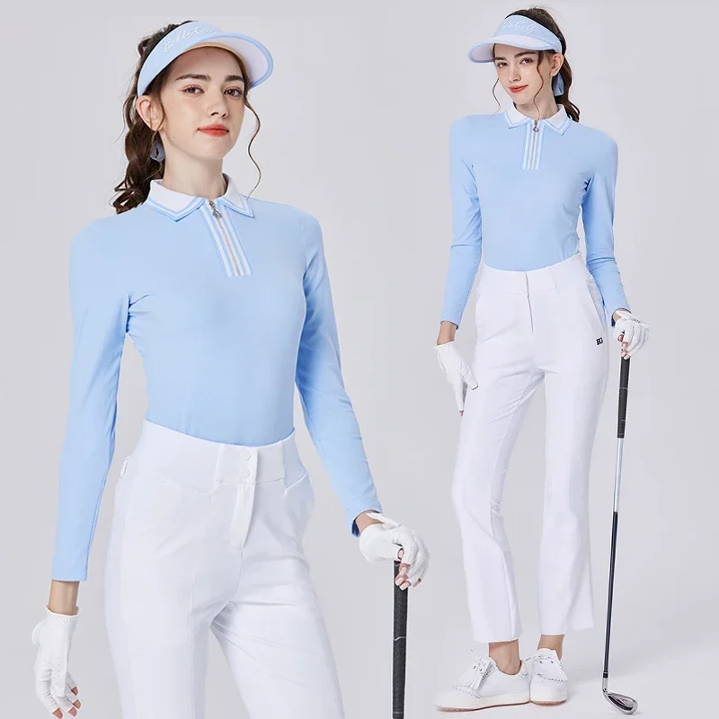 BG 2024 New Golf Women's Slim Top Long Sleeve T-Shirt Autumn and Winter Threaded Zipper Lapel Sports Jersey Short Skirt Set