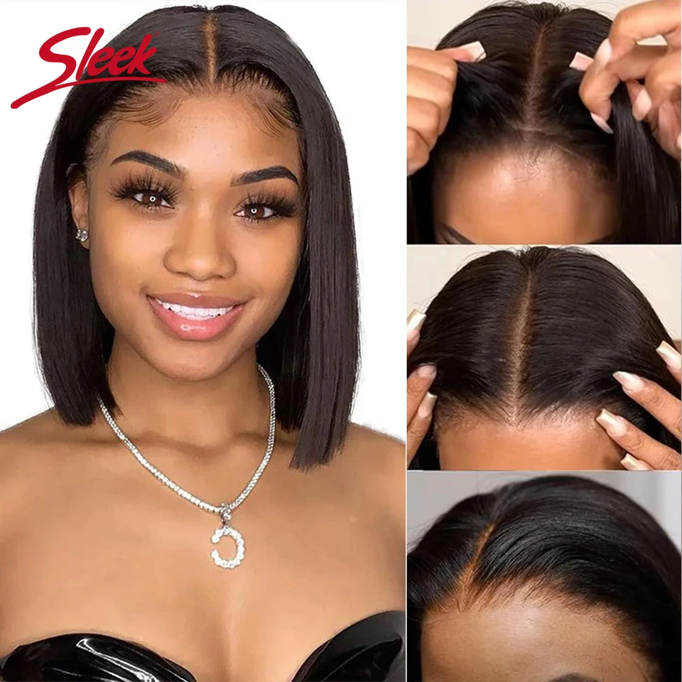 

Sleek Remy Brazilian Straight Lace Bob Wigs Short Lace Part Human Hair Wigs 200% Density Cheap Nature Black Dark Human Hair Wigs