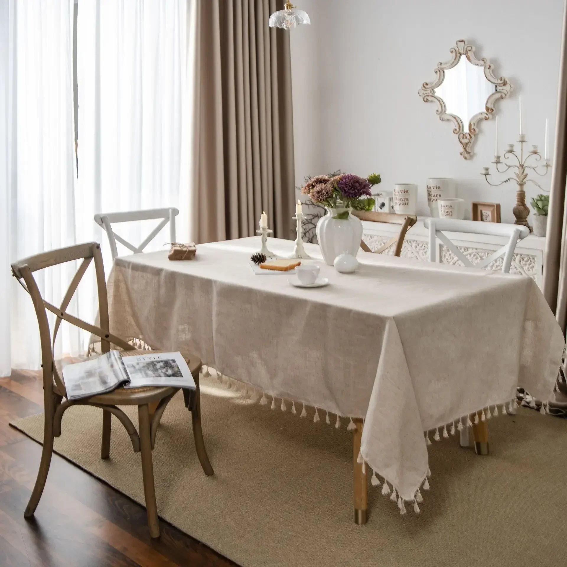 Tablecloth Polyester Linen Solid Color Table Cloth Fringe American Country Home Rectangular