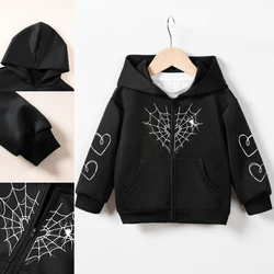 New Children's Hoodie Autumn Boys and Girls Zipper Fashion Spider Web Love Printed Sweatshirt Coat Preschool Clothing