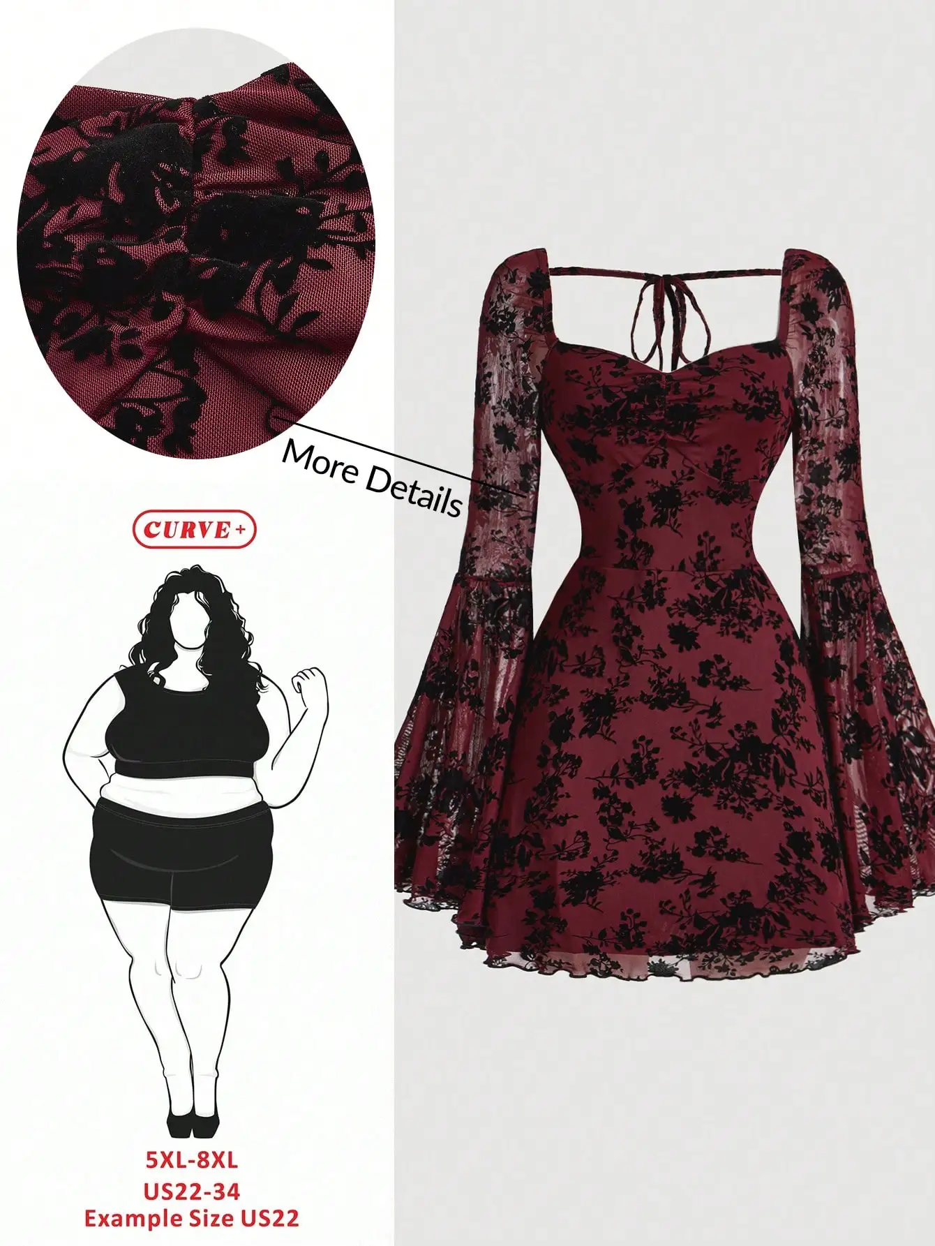 

Бордовое платье из жаккарда с цветочным узором, расклешенными рукавами и квадратным вырезом