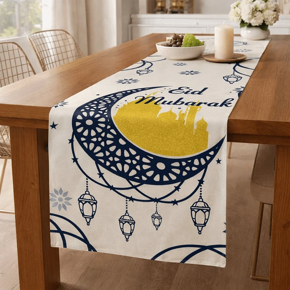 

Thickened Ramadan Table Runner Castle Lantern Pattern Decorative Dining Table Flag Vintage Islamic Table Runner Home Decoration