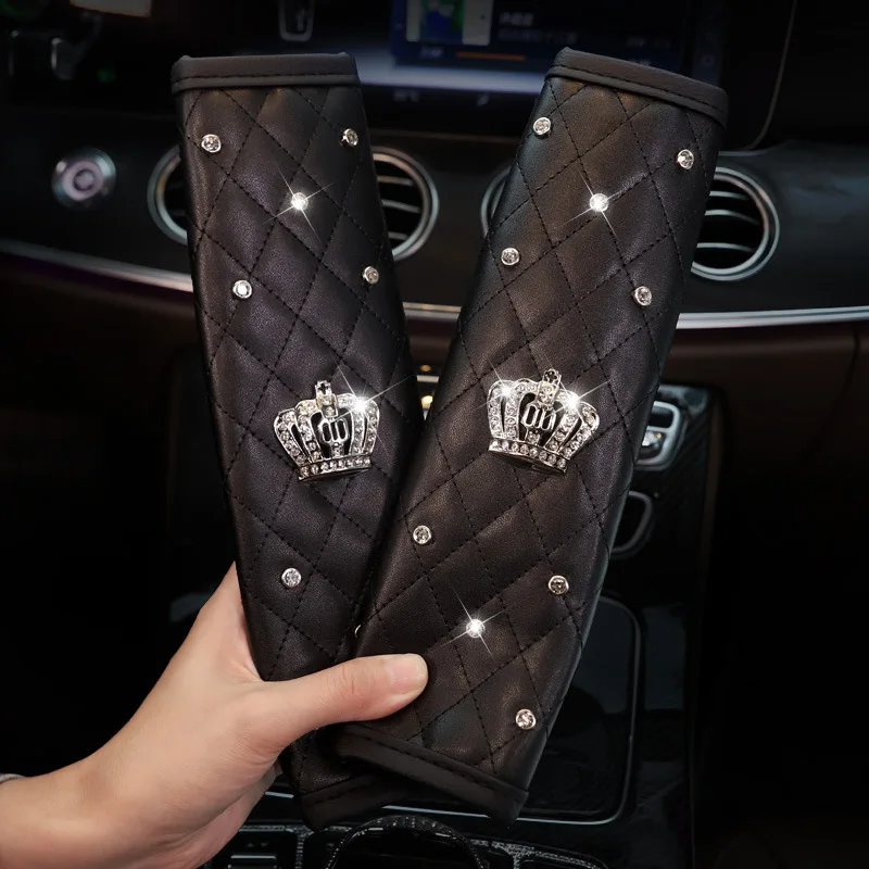 2pcs Universal Crystal Crown PU Leather Car Seat Belt Cover Diamond Shoulder Pad Car Styling Seatbelts Pad Car Accessories