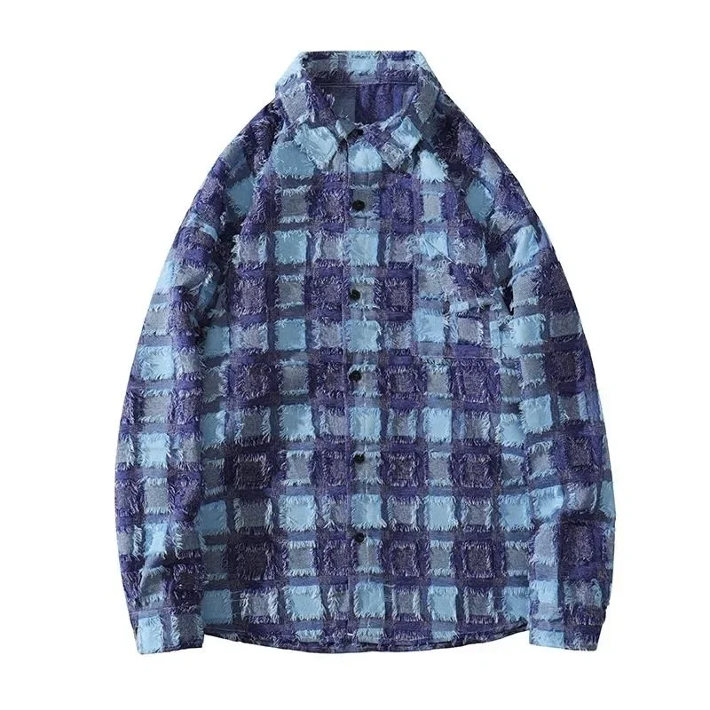 2024 Autumn New Style Brushed Plaid Long Sleeved Shirt Men\'s Plus Size Loose Top Trendy Shirt