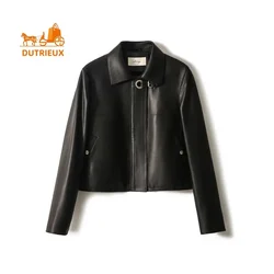 New Winter Women's Genuine Leather Jacket, High Quality Sheepskin Elegant Temperament Short Lapel Coat Cowhide Jacket for Travel