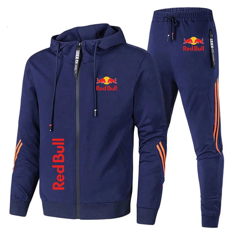 Red Bull Racing Logo Print Men Sportswear Hoodie Sets Zip Sweatshirt+Pants 2 Piece Suit Extreme Sports Custom Red Bull Tracksuit