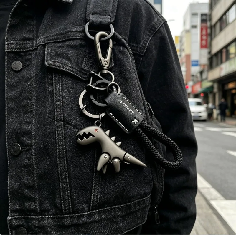 Cool Black Dinosaur Keychain with Movable Joints, Braided Rope Car Key Holder, Streetwear Metal Charm Key Ring for Men & Boys