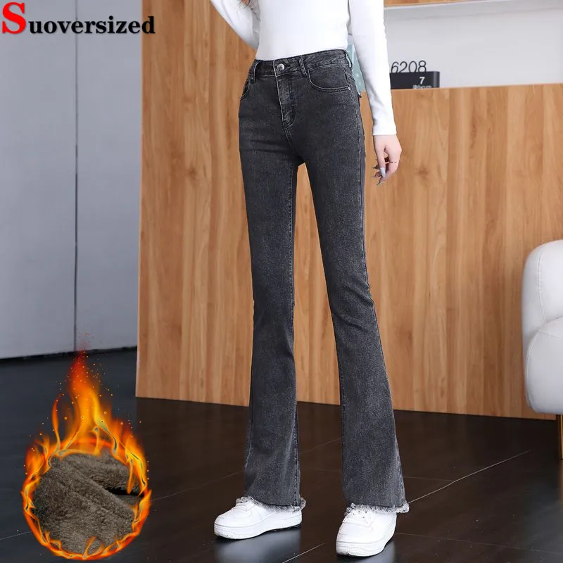 

Skinny Black Grey Plush Velvet Lined Flare Jeans Winter Streetwear High Waist Vintage Vaqueros Korea Casual Women Denim Pants