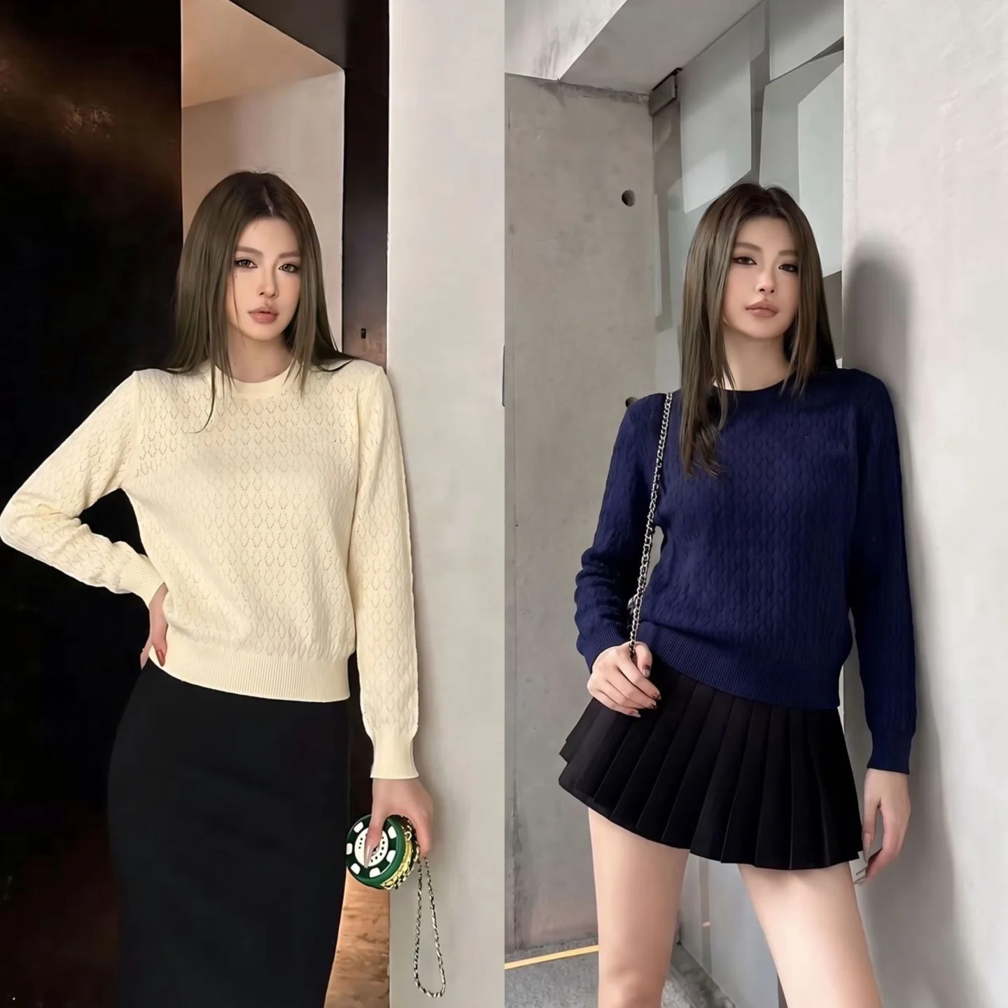 2026 New  Hollow Knitted Long-Sleeve  Rhombus Hole Round Neck Long-Sleeve Shirt T-Shirt