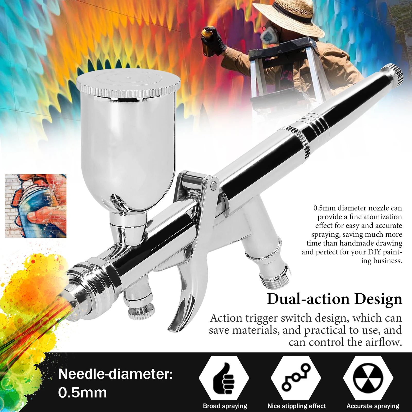 ピストルグリップエアブラシキット 0.5mm ファンキャップ付き 15CC 液体カップ 車モデルDIY塗装メイクアップネイルアートケーキ用高効率