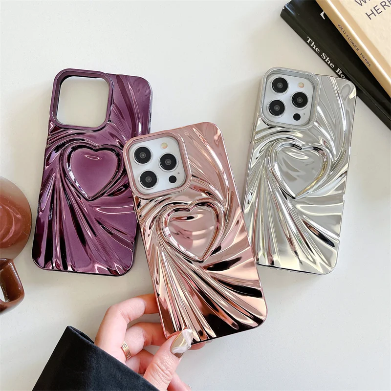 Electroplated Wrinkled Love Heart Phone Case For iPhone 13 11 14 15 Pro Max Candy Color Shockproof Bumber Soft TPU Back Cover