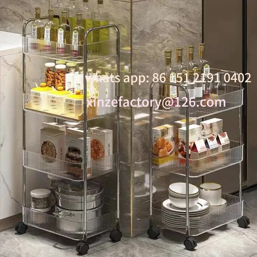 

Customizable Hanging Basket Bathroom Acrylic Makeup Bookshel 3 Layers Transparent Storage Rack Trolley Acrylic Rolling Cart