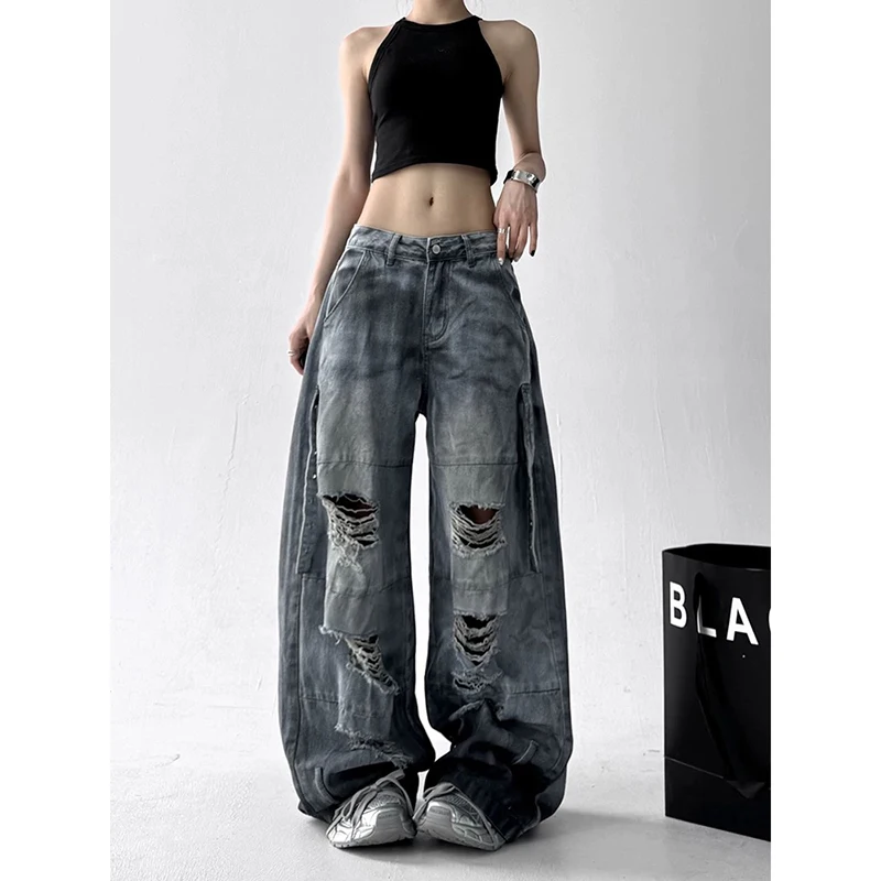

Women's BlueTie-Dye Ripped Old Jeans Y2k American Street Goth Punk Style High Waist Loose Jeans Straight Wide-Leg Pants Clothing