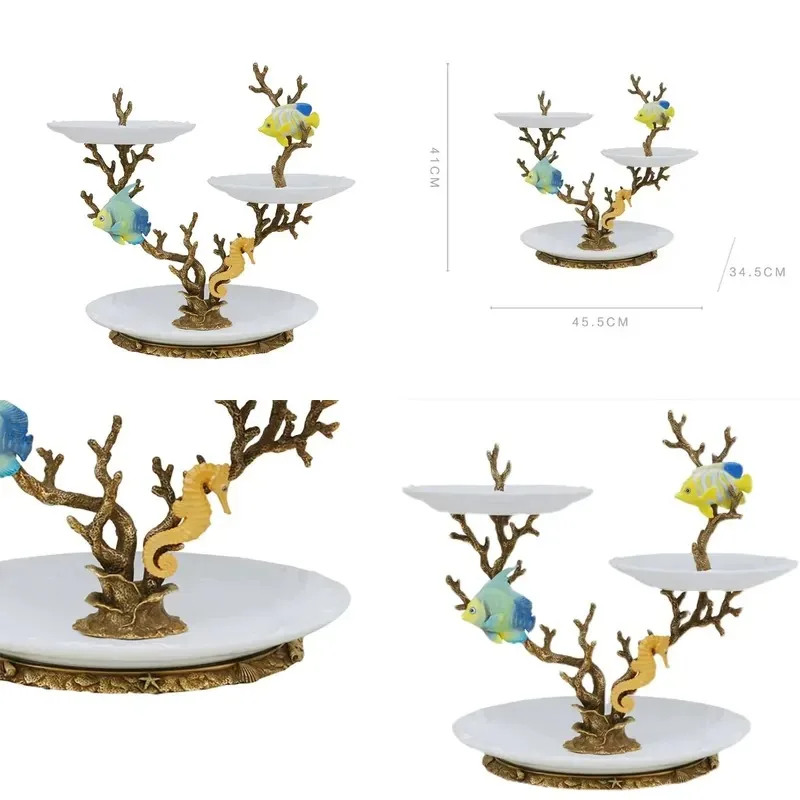 Luxury 3 Tier Metal Brass Finished Irregular Ceramic Fruit Tray Decorative Sweet Snack Serving Stand Bracket