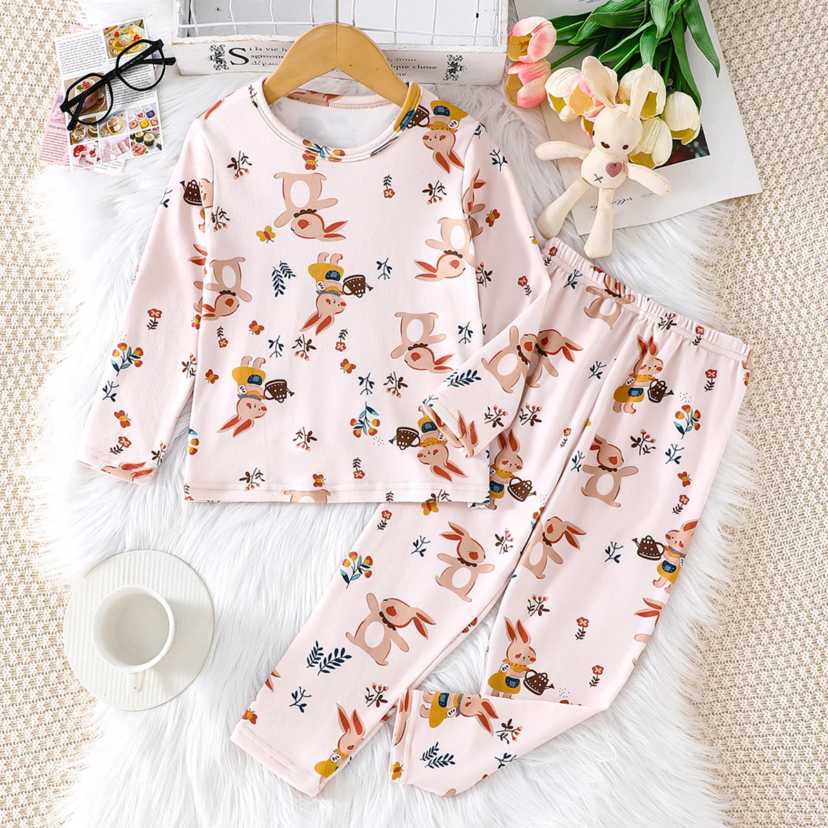 2-piece Autumn And Winter Girl Full Print Cute Cartoon Long Sleeved Pants Warm And Thick Underwear Set Comfortable Home Clothes view 2