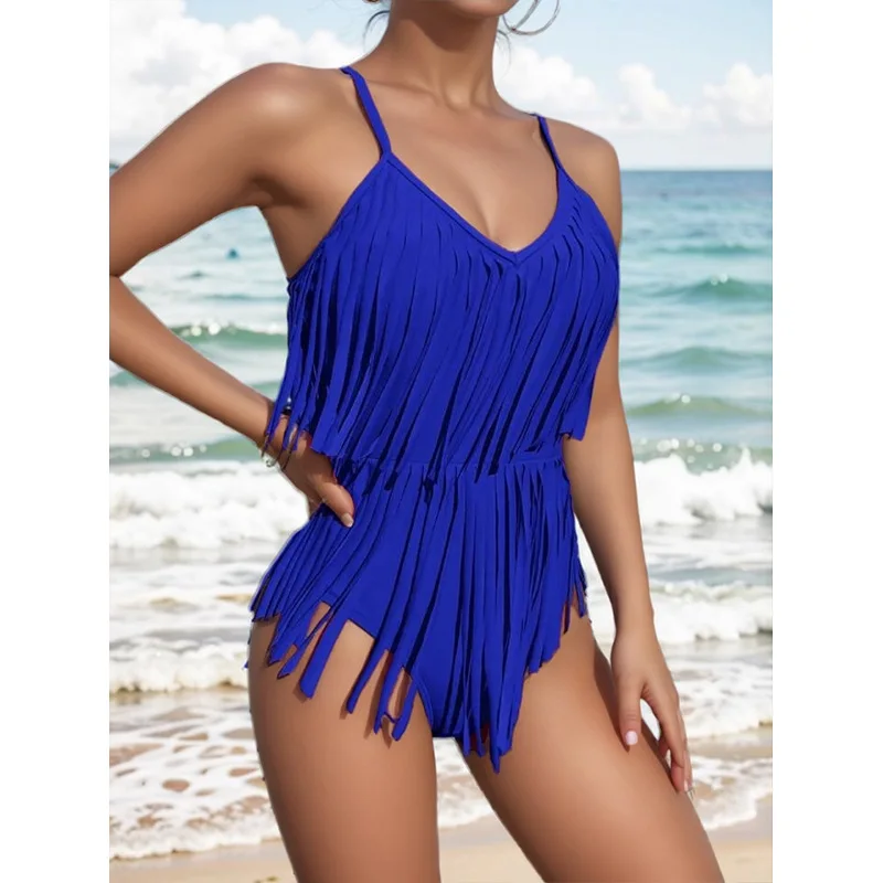 Hot Selling Women One Piece Swimsuit Tassels Design Eight Colors Available Sexy Swimwear Spaghetti Strap Lady Bathing Suits