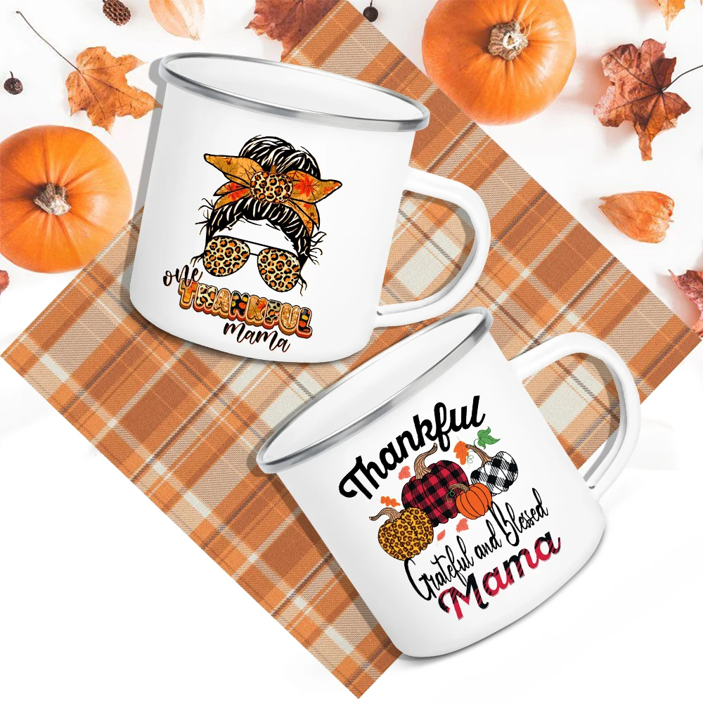 

Thankful Grateful Blessed Mama Print Enamel Mugs Coffee Cups Thanksgiving Party Wine Juice Mug Hot Cocoa Handle Cup Mother Gifts